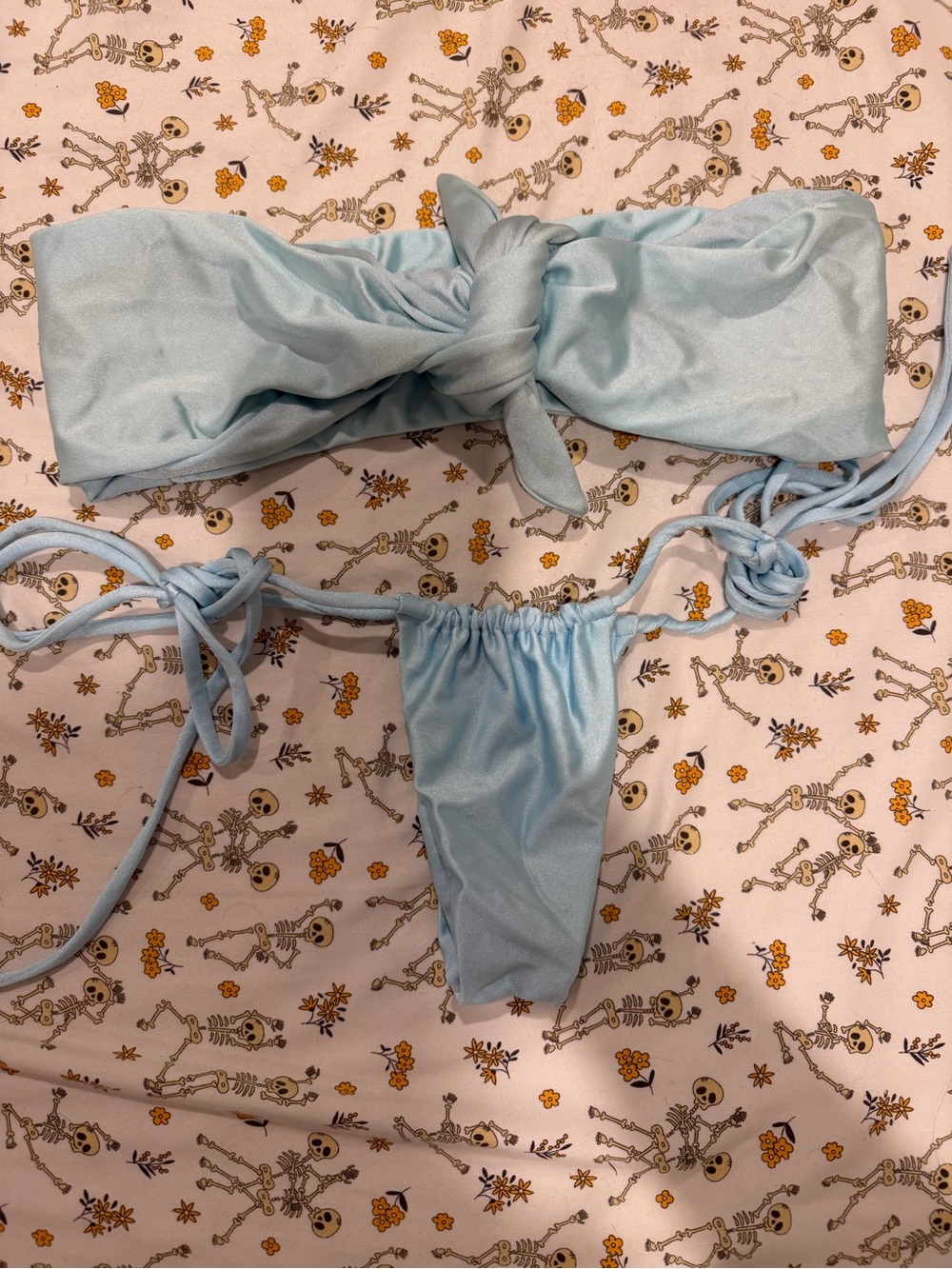 Light Blue Satin Tie-Front Bandeau Bikini Set - Women Swim Bikinis